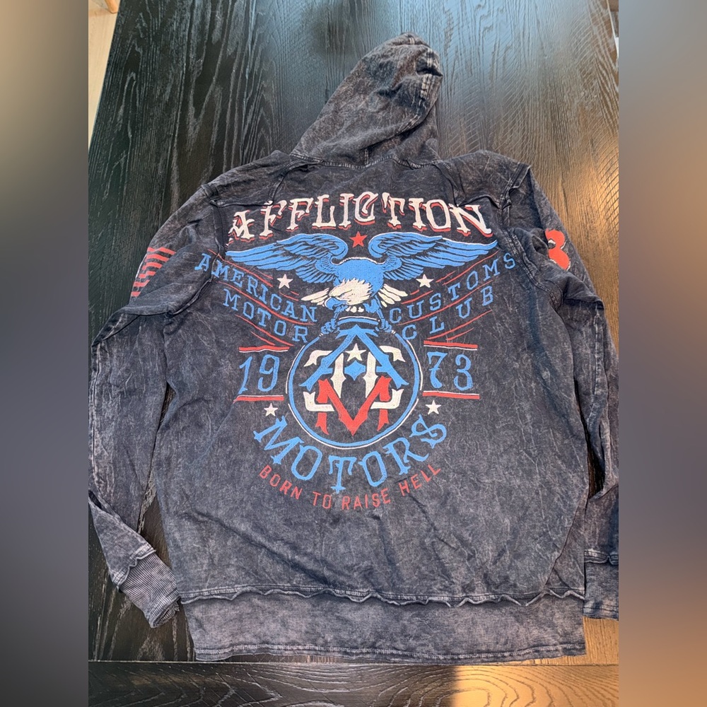 Affliction Black Hoodie with Red and Blue Graphics
